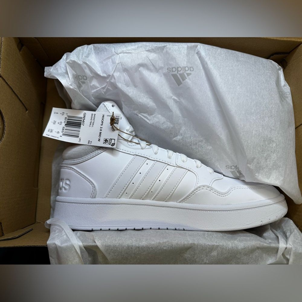 adidas Women 8 White Hoops 3.0 Mid Classic Shoes Tennis Shoes Sneakers Run SR6 - Picture 2 of 8